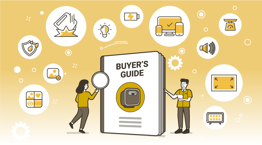 Buyer`s guide to portable projector surrounded by icons of important features to consider.