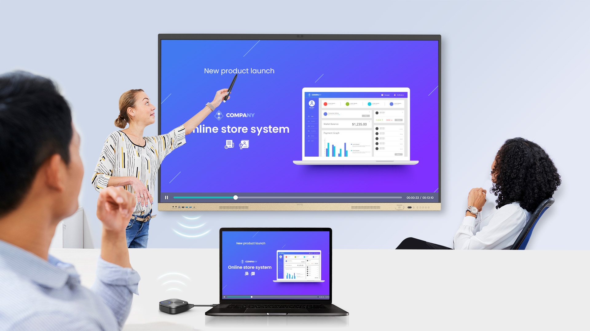 A presenter using the InstaShare Button is playing an embedded video on a slide presentation. They are using the touchscreen to control their slides . 